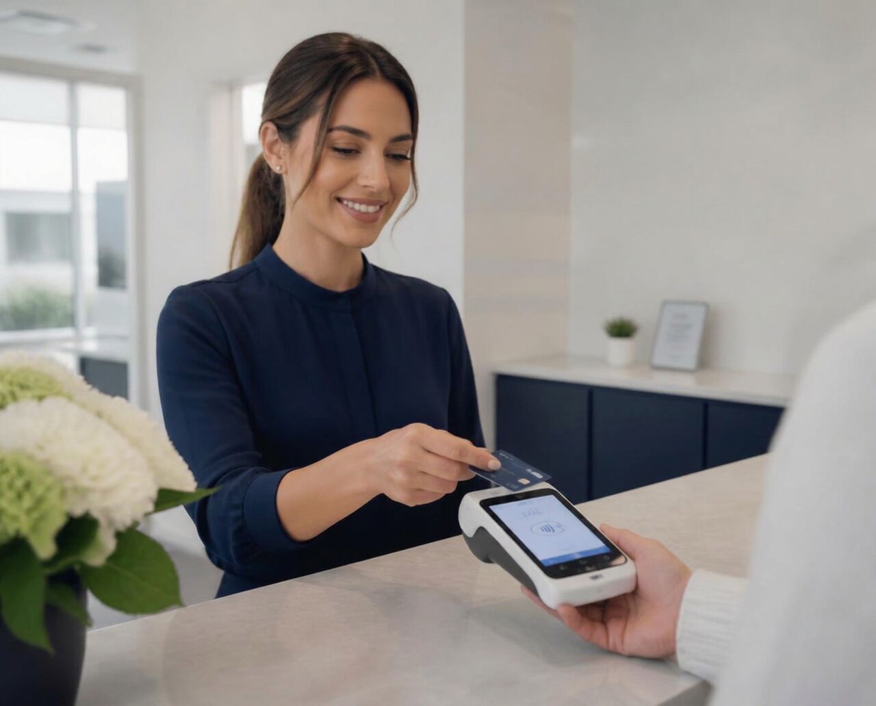 Front-desk staff taking a card payment at a dental practice